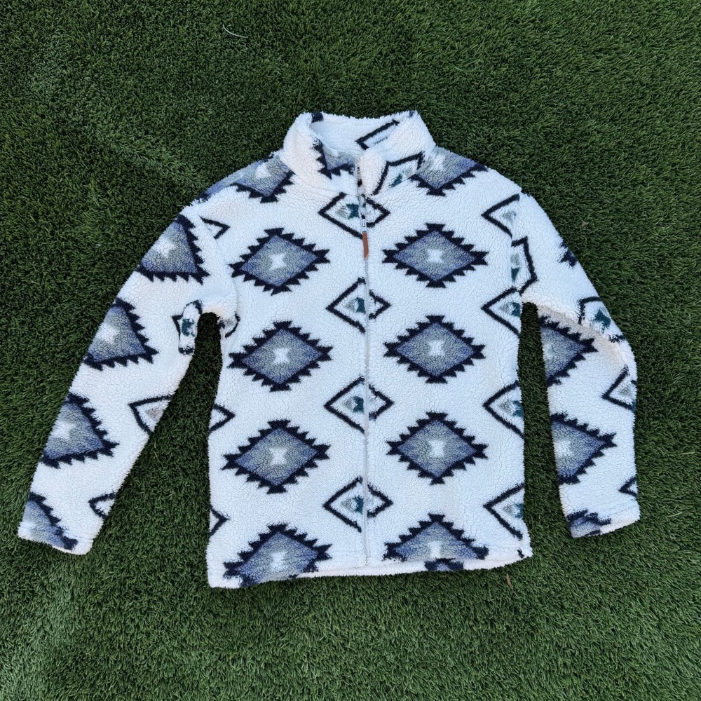 Jason Maxwell Women's Medium‎ White Aztec Print Fleece Sherpa 1/4 Zip Pullover
